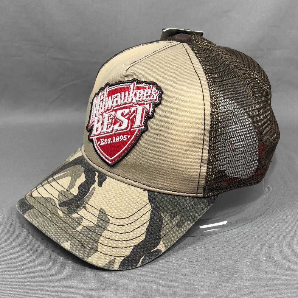 Milwaukees Best Beer Snapback Hat Khaki Camo Trucker Patch Wisconsin USA Mens